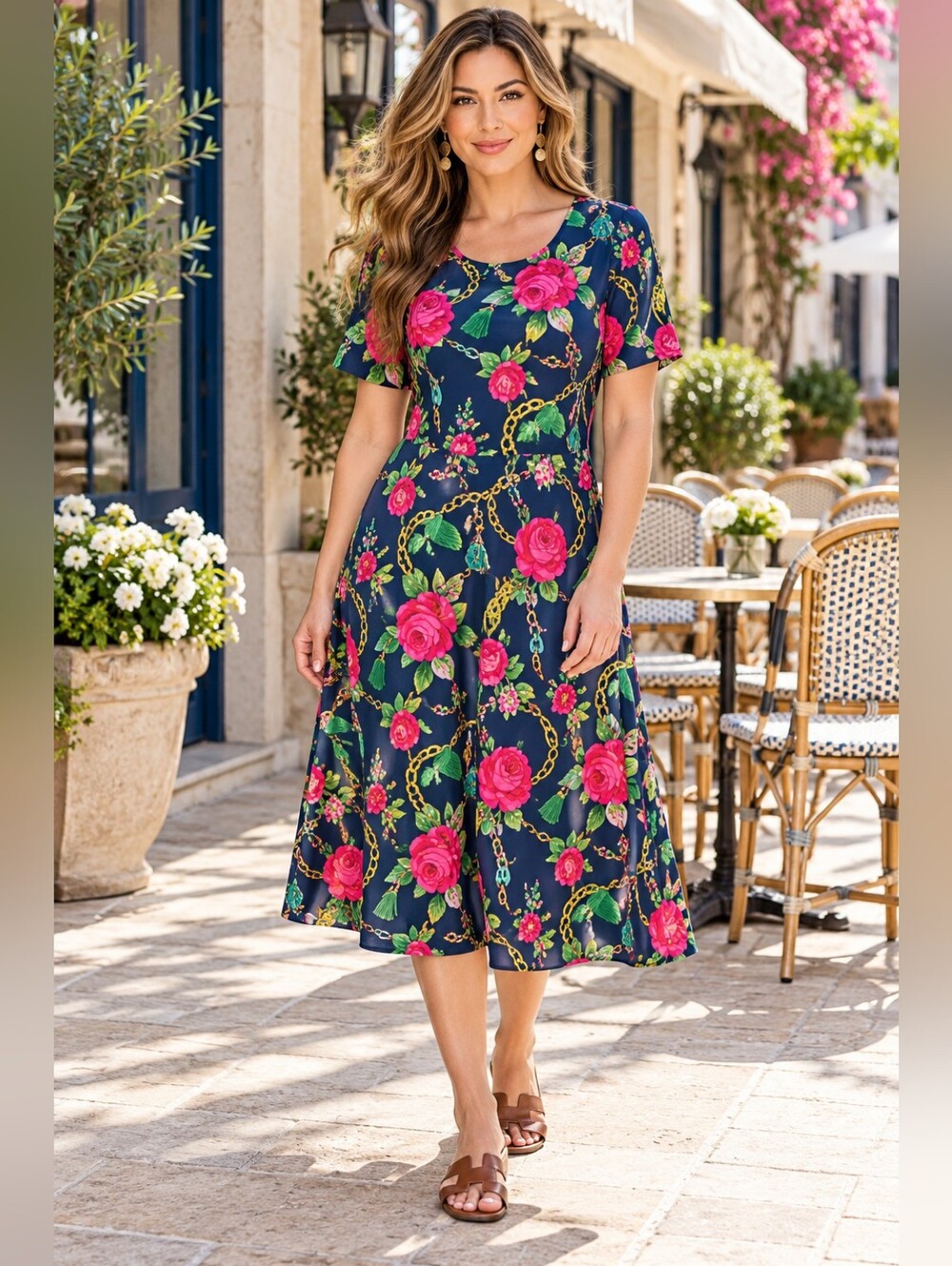 Vintage Anthony Richards Floral Chain Print Midi Dress Medium Retro Made in USA